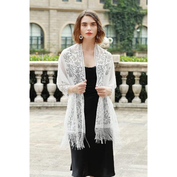 Women White Pashmina Wedding Formal Shawls and Wraps for Evening Dresses - Picture 3 of 6